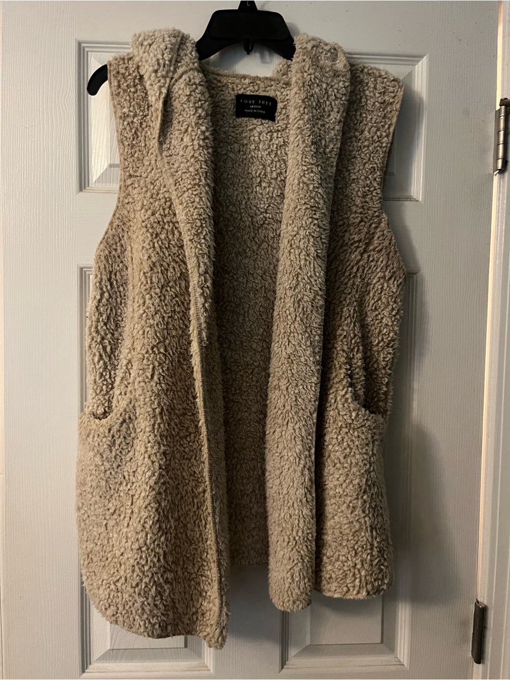 Love Tree Hooded Sherpa Vest in Beige